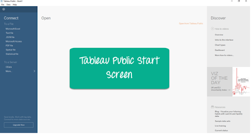 Tableau Public start screen
